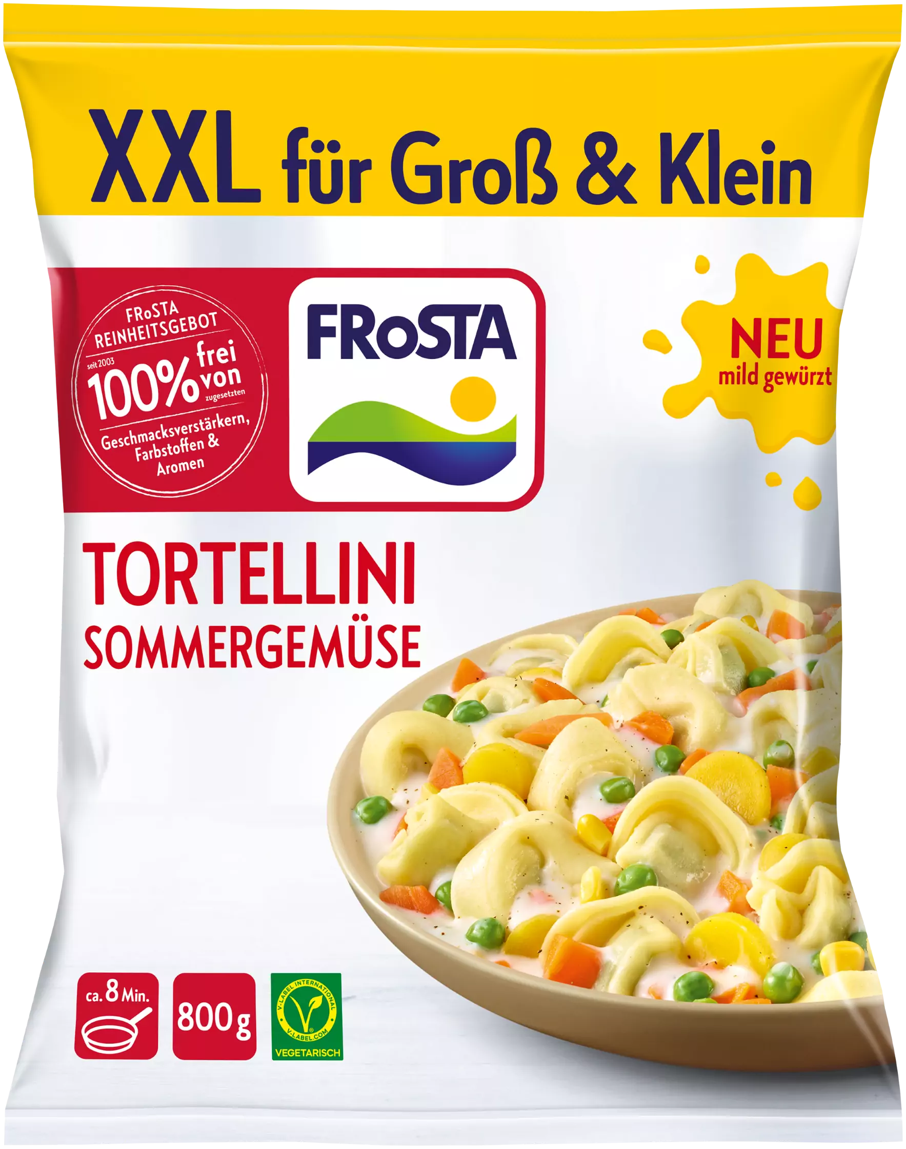 Eine Tüte mit FRoSTA-Tiefkühlprodukten. Es sind keine anderen Marken oder Konkurrenzprodukte zu sehen.