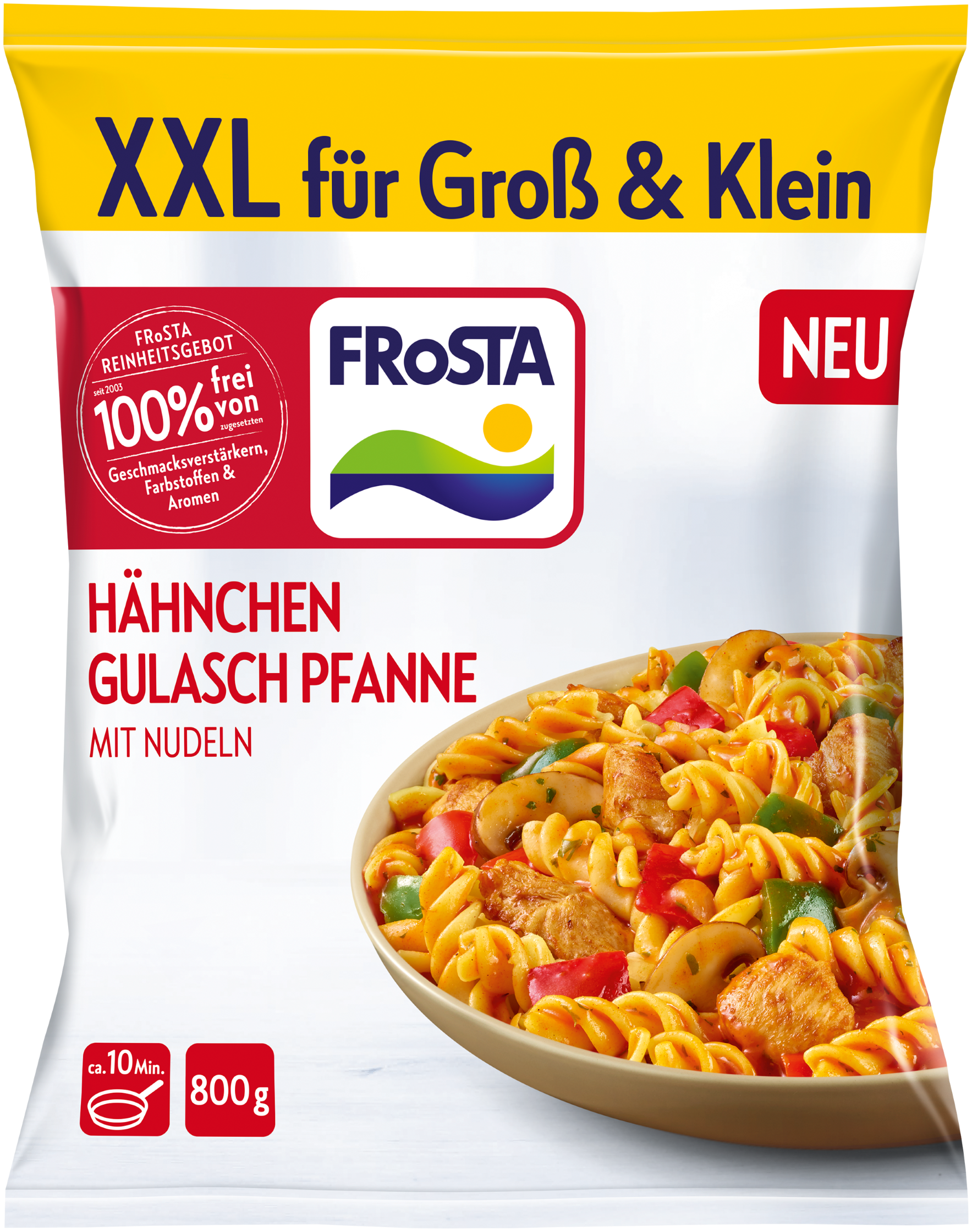 FRoSTA XXL Hähnchen Gulasch Pfanne mit Nudeln: 800g, mit Hähnchen, Nudeln, Paprika. In 10 Min. aus dem FRoSTA-Tiefkühlregal servierfertig.