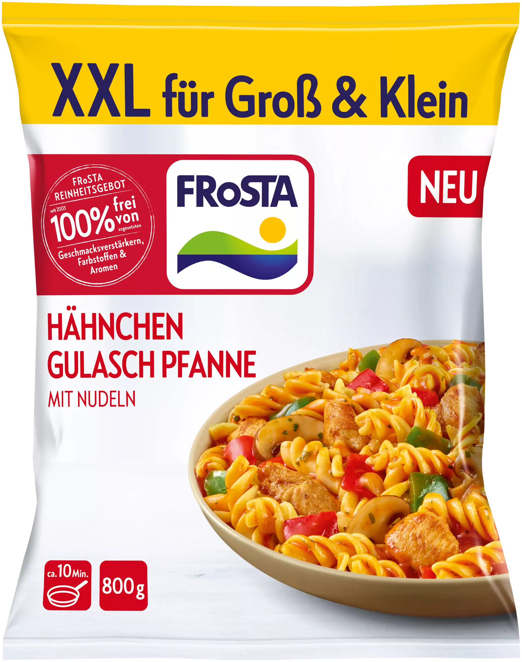 FRoSTA XXL Hähnchen Gulasch Pfanne mit Nudeln: 800g, mit Hähnchen, Nudeln, Paprika. In 10 Min. aus dem FRoSTA-Tiefkühlregal servierfertig.