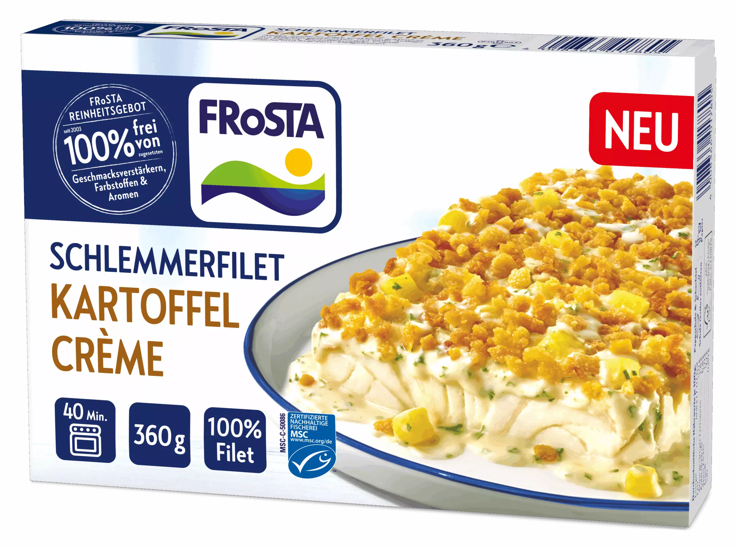 FRoSTA Schlemmerfilet Kartoffel Crème: gebackenes Fischfilet, Kartoffelkruste, cremige Sauce. 100% Filet, 360g, neues Design.