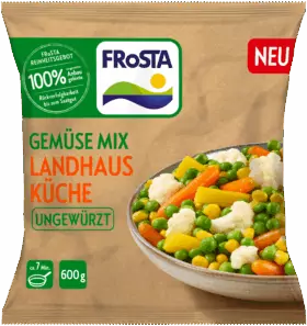 FRoSTA Gemüse Mix Landhaus Küche, 600g: Bunte Gemüsemischung in Schale, grüne & orange Schrift auf hellem Braun. FRoSTA Tiefkühlprodukt.