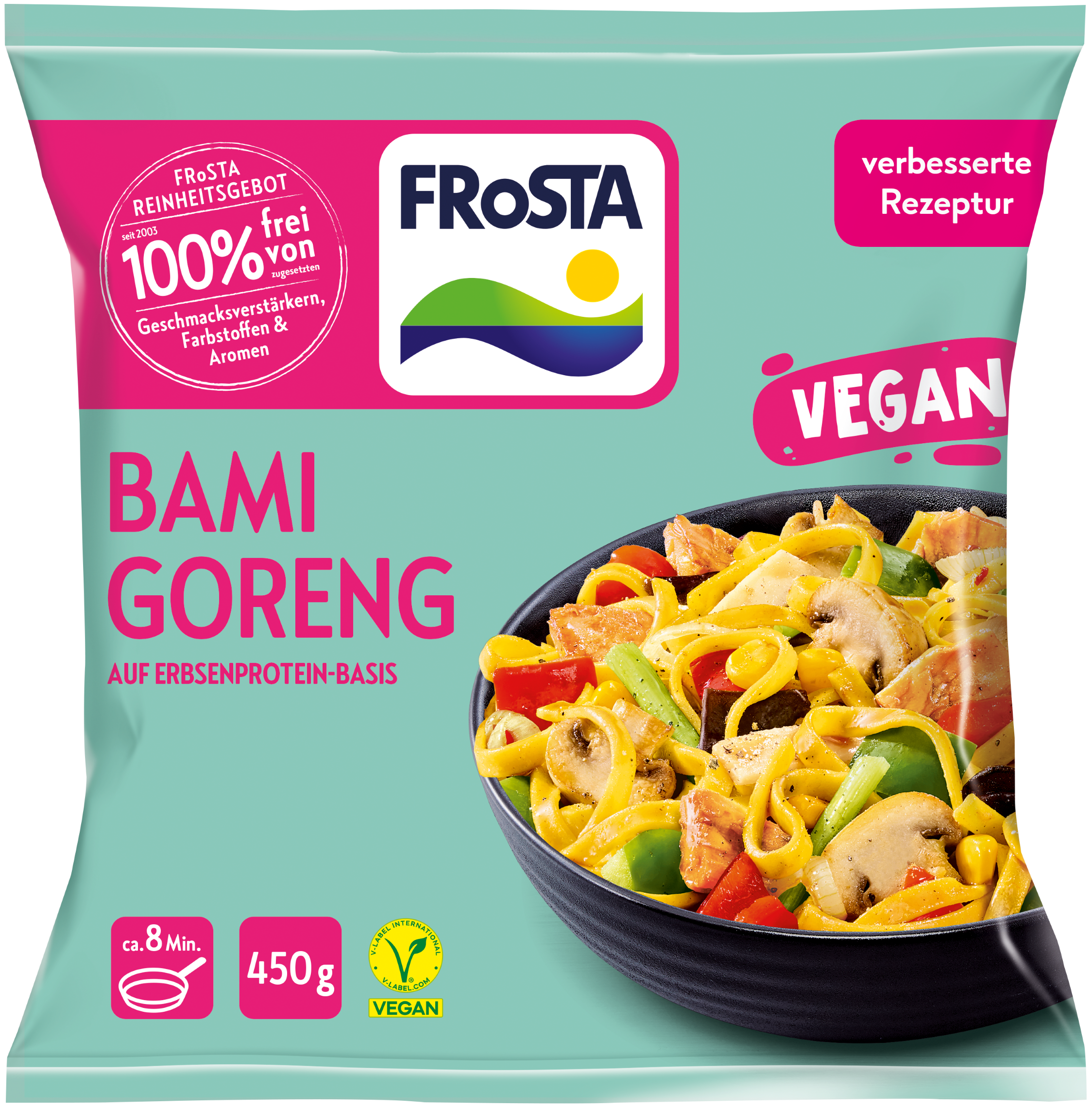 Buntes FRoSTA Veganes Bami Goreng Tiefkühlprodukt mit Nudelschale, Label: "vegan", "ohne Geschmacksverstärker", 450g.