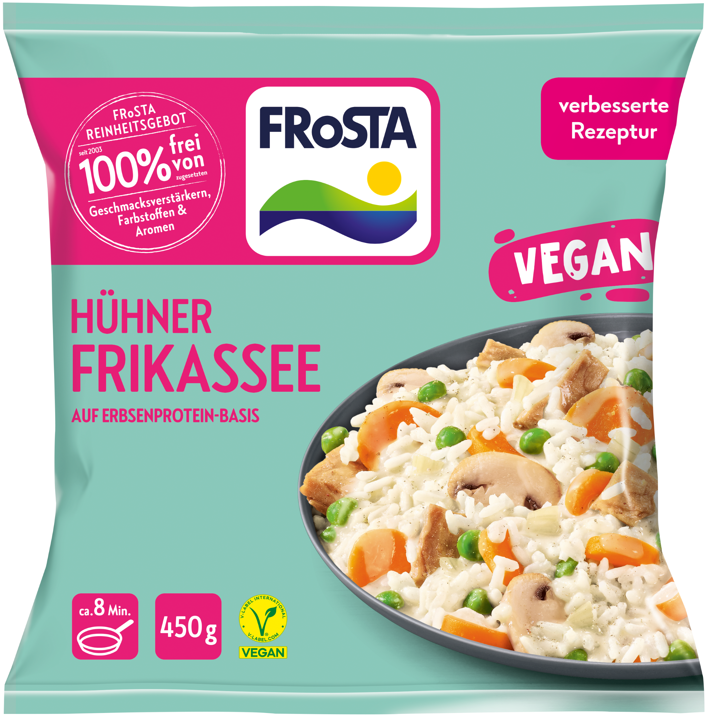 FRoSTA Tiefkühlprodukt: Hühner Frikassee vegan, 450g, 8 Min., Reis, Gemüse, vegane Stücke, vegan auf Erbsenprotein-Basis.