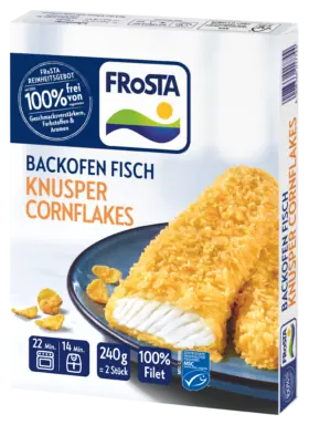 FRoSTA Backofen-Fisch mit knusprigen Cornflakes: Zwei knusprige FRoSTA-Fischfilets auf einem blauen Teller mit Cornflakes und Produktinformationen auf der Verpackung.