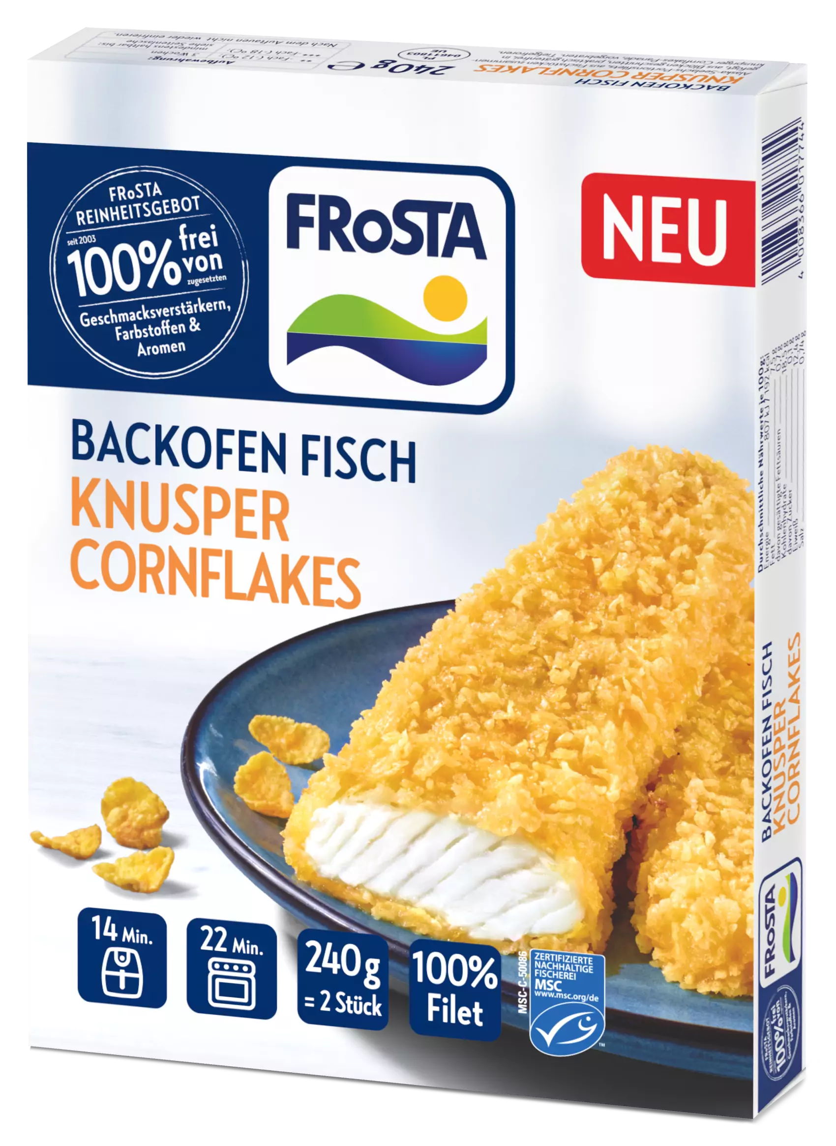 FRoSTA Tiefkühlprodukt: Knusper Cornflakes Backofen Fisch, 100% Filet, 2 goldene Filets auf blauem Teller, Zeit & Gewicht sichtbar.