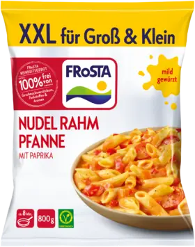 Eine Tüte FRoSTA Nudel Rahm Pfanne – FRoSTA-Tiefkühlpasta mit Paprika.