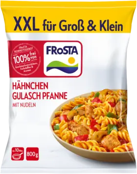 FRoSTA Hähnchen-Gulasch-Pfanne mit Nudeln, abgebildet auf einer FRoSTA-Tiefkühlprodukt-Verpackung.