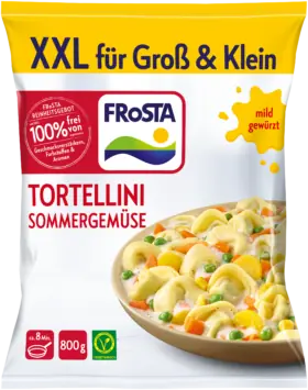 Auf einer Packung FRoSTA Tortellini mit Sommergemüse ist eine Schüssel FRoSTA-Nudeln mit Gemüse in einer cremigen Soße abgebildet.