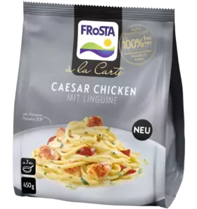 FRoSTA à la Carte Caesar Hähnchen mit Linguine: Zartes Hähnchen, cremige Sauce, 450g, FRoSTA Tiefkühlprodukt ohne Zusatzstoffe.