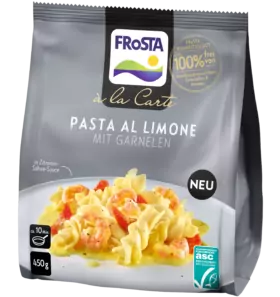 FRoSTA Pasta al Limone mit Garnelen FRoSTA-Tiefkühlprodukt, ASC-zertifiziert, neu, frei von Zusatzstoffen und Geschmacksverstärkern.