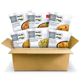 Offene Gerichte Box mit sechs FRoSTA Tiefkühlgerichten wie Hähnchen Süß-Sauer, Rotes Curry und Paprika Sahne Hähnchen.