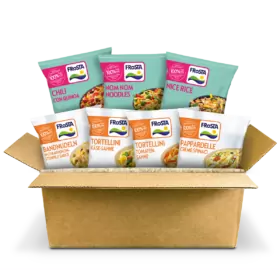 Veggie Box mit 7 bunten FRoSTA-Tiefkühlprodukten: Chili con Quinoa, Nudeln, Reis, Bandnudeln, 2x Tortellini & Pappardelle.