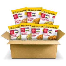 Offene XXL Gerichte Box mit 6 FRoSTA Tiefkühlprodukten (Reis, Nudeln, Tortellini, Curry) stehend und aufgefächert.