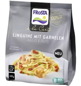 450-g-Packung FRoSTA à la Carte Linguine mit Garnelen aglio e olio, Pasta mit Garnelen und Kräutern, ohne Zusatzstoffe laut Verpackungsangabe.