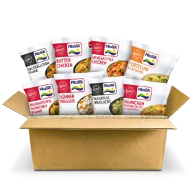 Karton mit 8 FRoSTA Tiefkühlprodukten im Bestseller-Set, z.B. Butterhähnchen, Tortellini, Hühnerfrikassee - bunt verpackt.