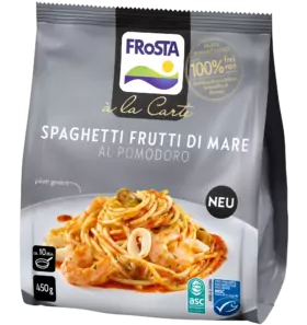 FRoSTA Tiefkühlprodukt: Spaghetti Frutti di Mare mit Meeresfrüchten und Tomatensauce, 450 g, ohne Zusatzstoffe.