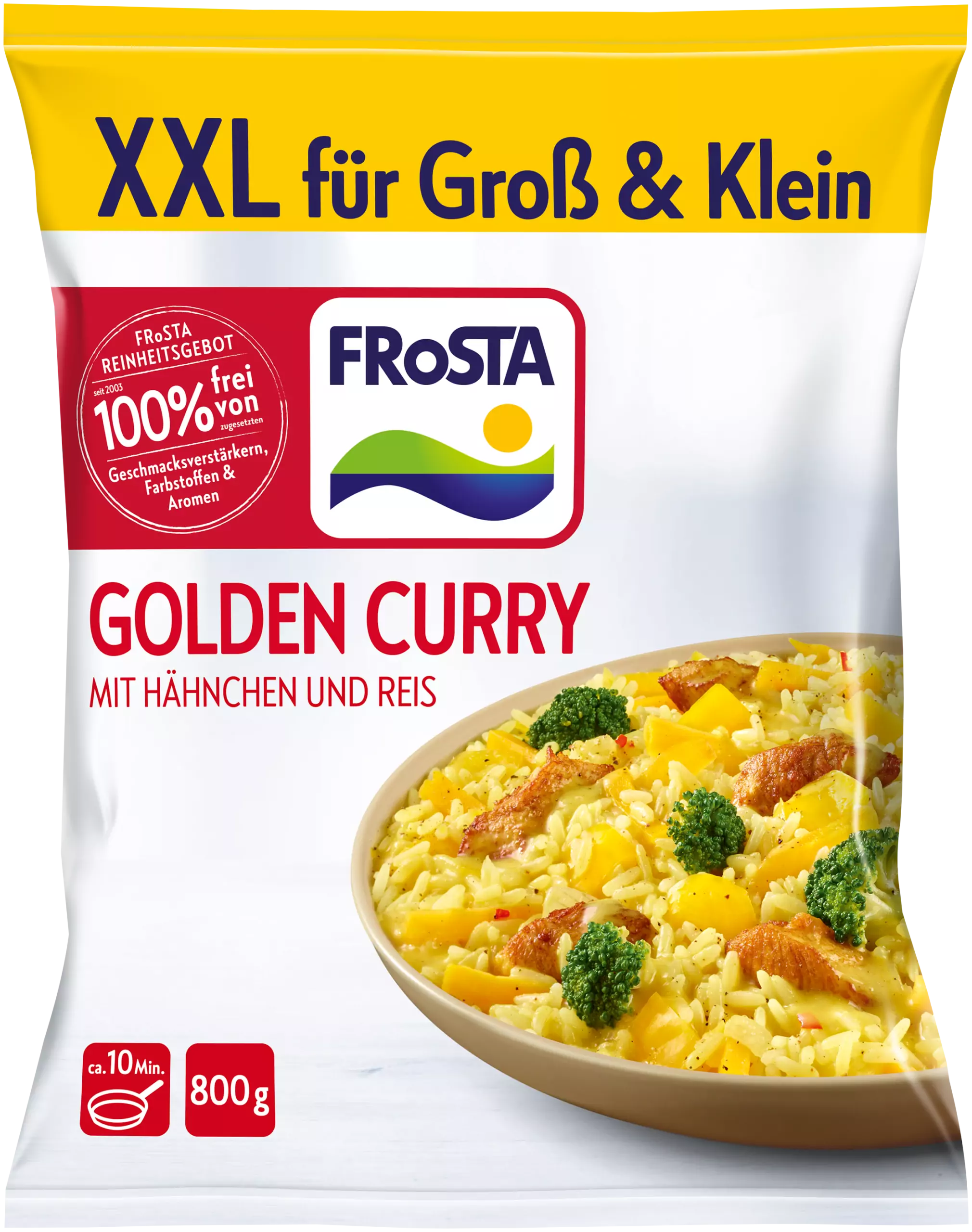 FRoSTA Golden Curry – Tiefkühlgericht mit Hähnchen, Reis und Gemüse. XXL, 800 g. Für Erwachsene und Kinder. Aktuelles Bild auf der Verpackung.