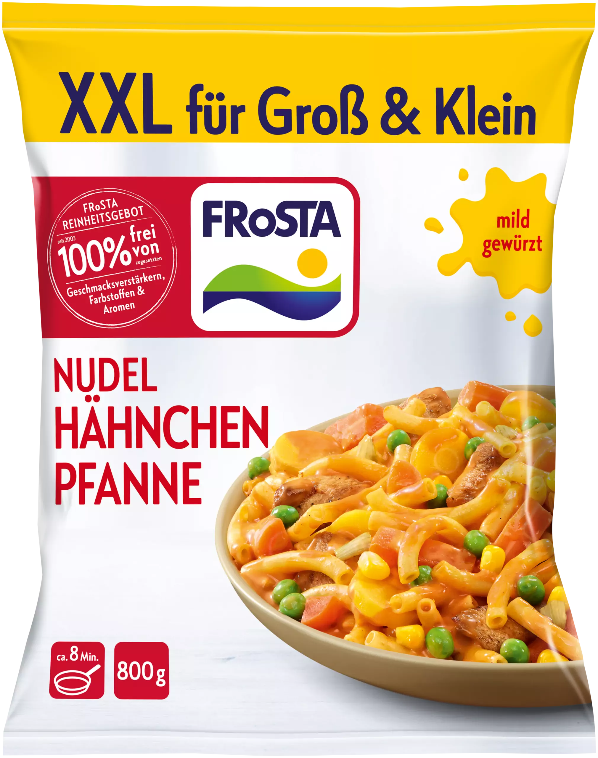 FRoSTA Nudel-Hähnchen-Pfanne – Tiefkühlprodukt, XXL 800 g, mit Gemüse, für jeden Appetit, mild gewürzt, auf dem Bild ist eine Schüssel zu sehen.