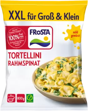 FRoSTA XXL Tortellini mit Rahmspinat – Tiefkühlprodukt mit Rahmspinat, mild gewürzt, vegetarisch, 800 g, ohne Zusatzstoffe.