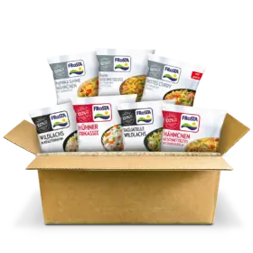 Offene Box mit sieben FRoSTA-Tiefkühlprodukten, bunt sortiert und bereit für eine schnelle 6-Minuten-Lunchbox.