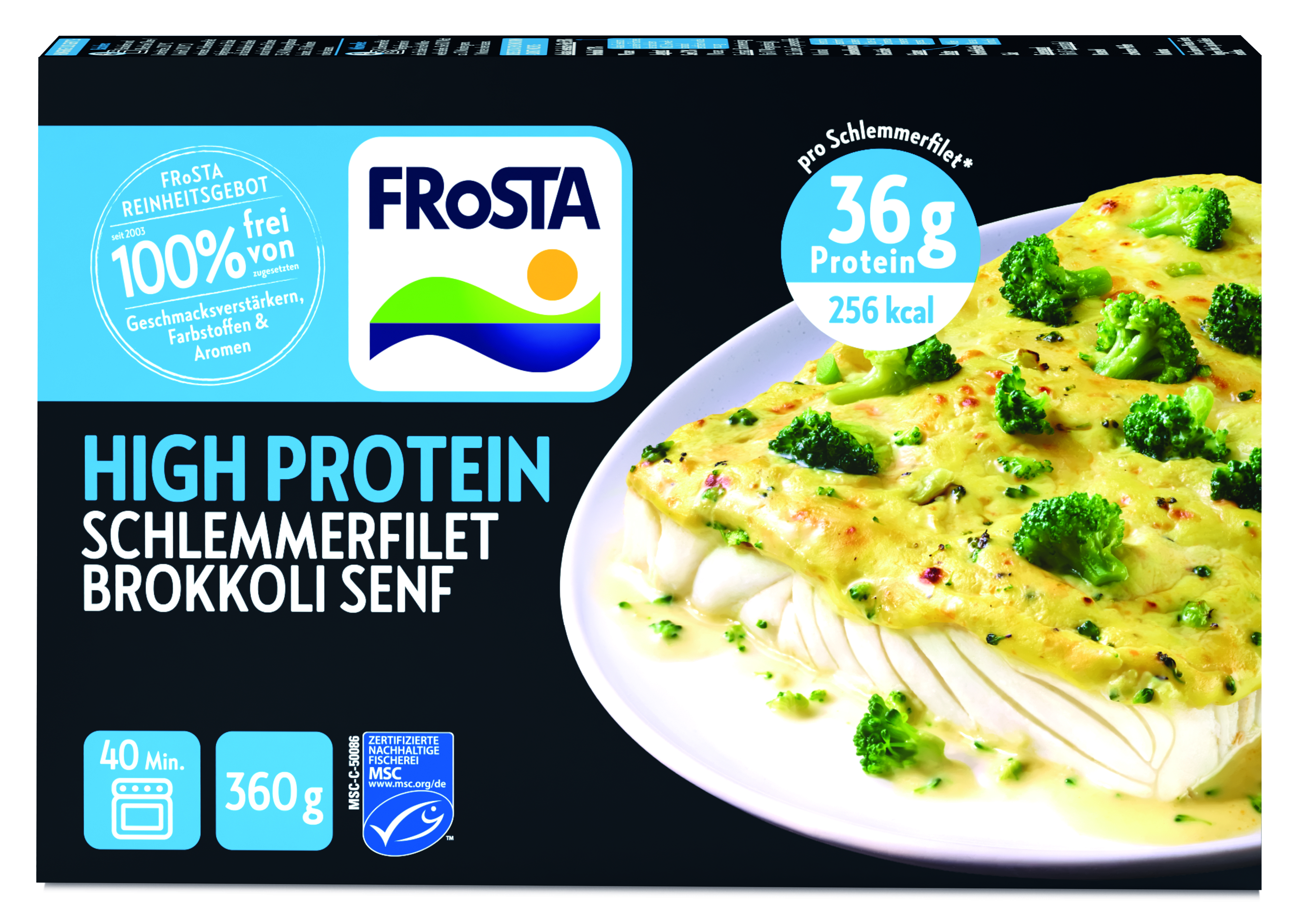 FRoSTA Tiefkühlprodukt „High Protein Schlemmerfilet“ mit Brokkoli und Senf, 36 g Eiweiß, 256 kcal, 40 Min., 360 g, überbackener Fisch mit Brokkoli.
