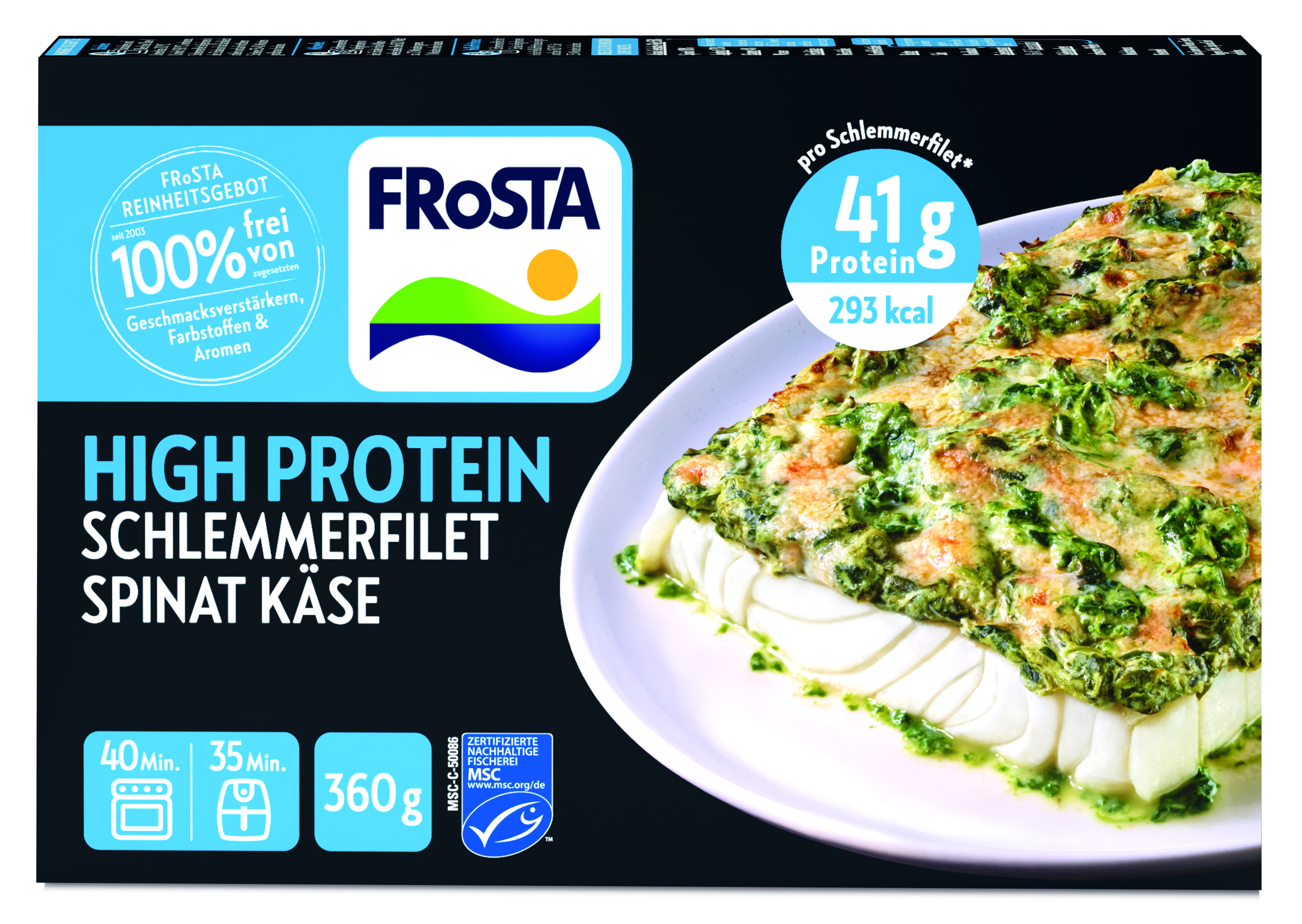 FRoSTA-Tiefkühlprodukt: Schlemmerfilet Spinat-Käse, 41 g Eiweiß, 293 kcal, Garzeit und Umweltzeichen für eine einfache Planung.